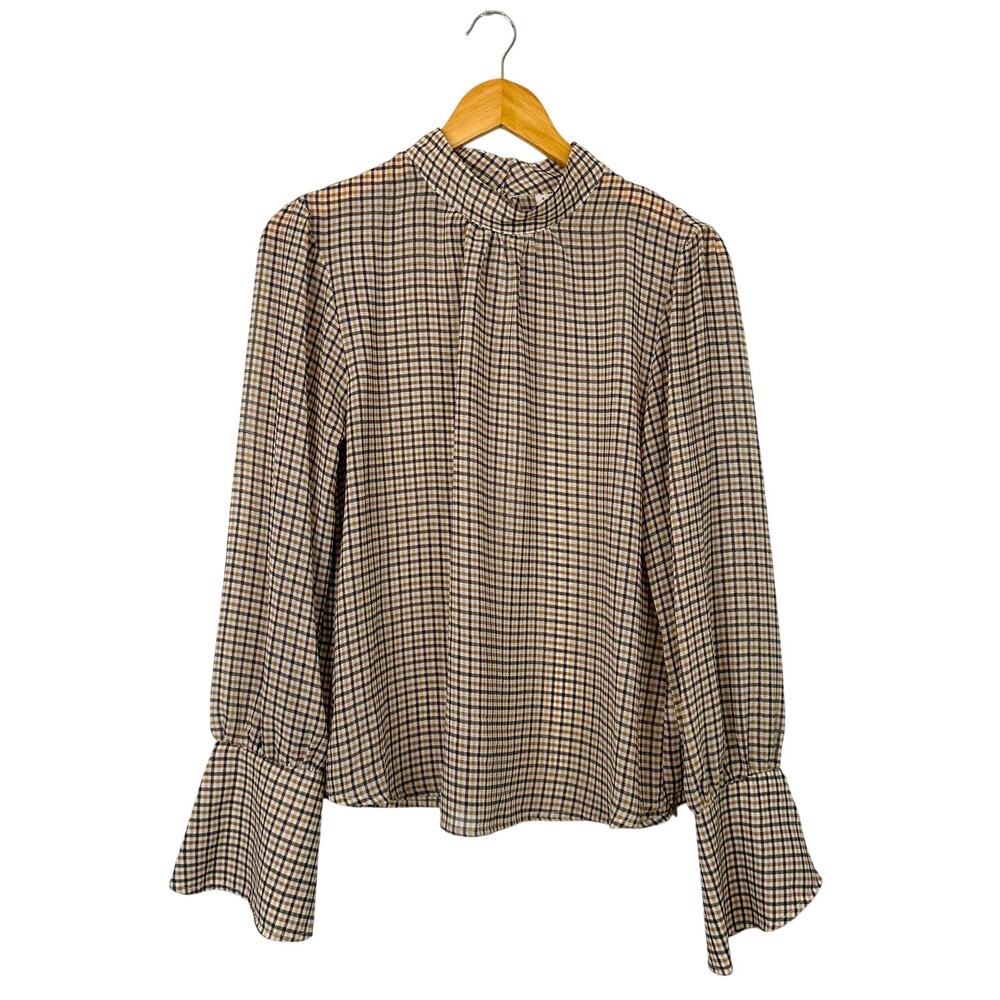 A New Day Brown Checkered Mock Neck Blouse with Billowy Sleeves